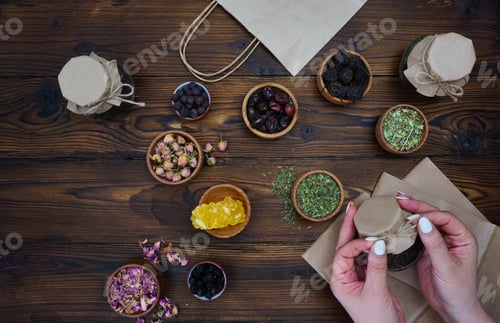 Preview: Teas Herbs and Sugar on Wood Table