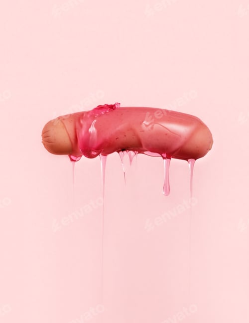 Preview: Sausage with dripping pink sauce on pink background.