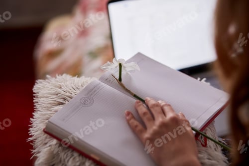 Preview: Girl holds notepad with narcisuss flower. Romantic, dreamy mock up