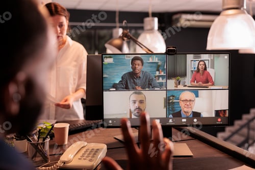 Preview: Remote team online briefing, company strategy discussion on videocall