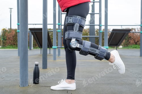 Preview: Woman wearing knee brace or orthosis after leg surgery working out in the park