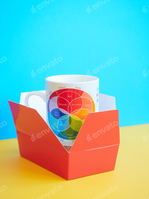 Preview: Mug with color wheel drawing of color theory, in red box on yellow and blue backgr