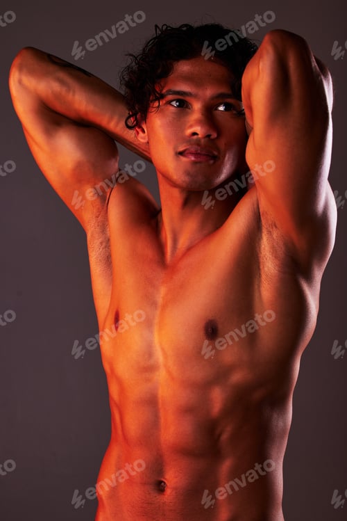 Preview: Man, sexy body and torso in studio for art, fitness or beauty of a person on a gray background. Fac