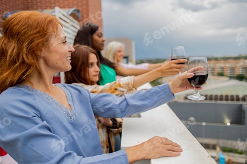 Preview: Women toasting with red wine on a rooftop terrace during christmas dinner