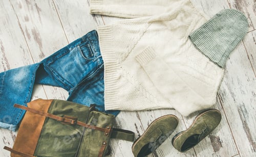 Preview: Flat-lay of Fall lady' s clothes outfit, horizontal composition