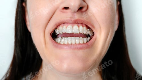 Preview: Woman with open mouth using orthodontic treatment with transparent removable aligners