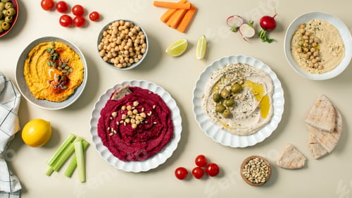 Preview: Different types of hummus in bowls and plates. Beetroot, pumpkin, chickpea and bean hummus.