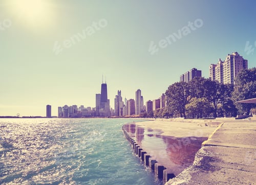 Preview: Color toned Chicago waterfront skyline on early morning, USA.