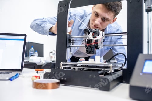 Preview: Student setting up 3D printer, using laptop