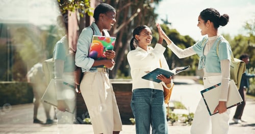 Preview: Student, friends and celebration with high five at college for application success, exam motivation