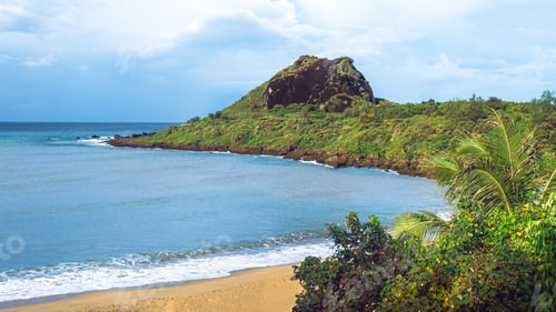 Preview: Tropical paradise with tall mountain, sea and white sand beach. Nature scene