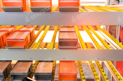 Preview: Plastic Boxes On The Roller Conveyor. Modern Warehouse Equipment.