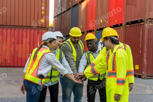 Preview: Team of workers collaborating at a shipping yard during the day