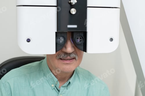 Preview: Face of senior male patient sitting in front of ophthalmological equipment