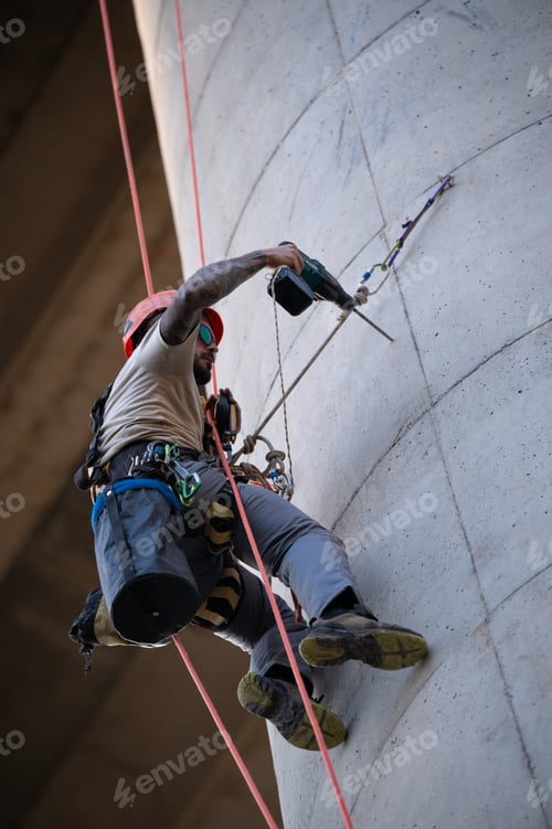 Preview: Rope access technician using drill while hanging on concrete pillar