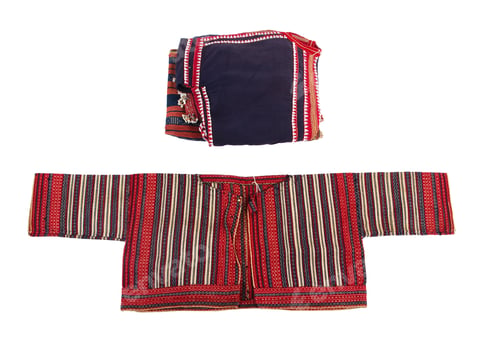 Preview: Closeup of old folded clothes with stripes isolated on a white background