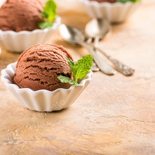 Preview: Chocolate ice cream in white bowl.