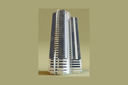 Visualização: Edifício alto com fachada listrada e coroa curva