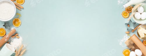 Preview: Baking Ingredients on Blue Table, Banner