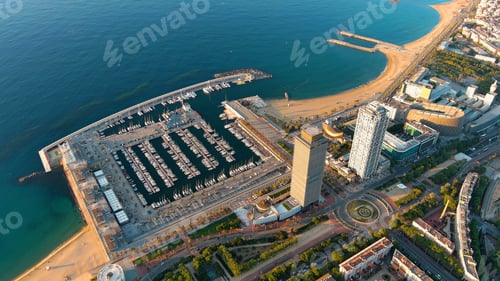 Preview: Aerial view of Barcelona city skyline at sunrise. Catalonia, Spain. Barcelona Port Olimpic