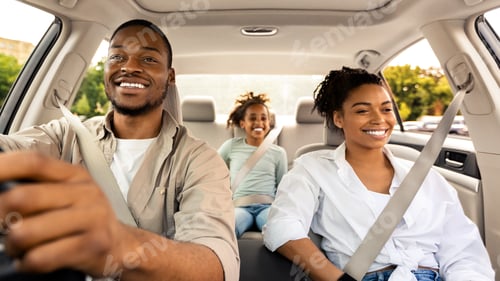 Preview: Cheerful African American Family Riding New Automobile Traveling On Vacation