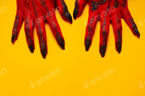Preview: Creepy, red hands of a monster on a yellow background