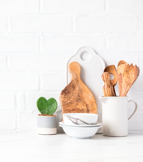 Preview: Kitchen utensils on a background of a white brick wall. Concept of the decor of the kitchen.