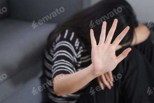 Preview: Scared Woman Lift Hand Up For Say Stop To Protect Herself. Anti Human Trafficking Campaign