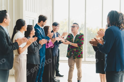 Preview: Celebrate victory to business success with colleagues. Business celebration party event with partner