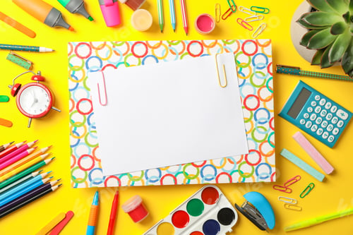 Preview: Flat lay composition with school supplies on color background, space for text