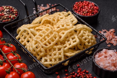 Preview: Lattice or wafer potato chips, crispy yellow snacks, takeaway food