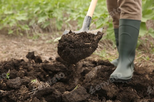 Preview: Worker digging soil with shovel outdoors, closeup