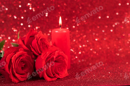 Preview: Red roses and candle for valentine's day. Romantic concept