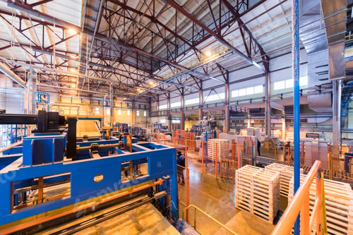 Preview: Fiberglass production industry equipment at manufacture background