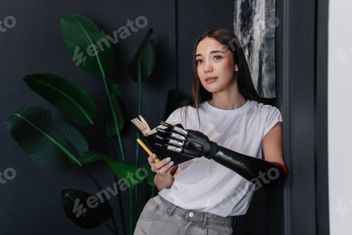Preview: Brunette girl in white t-shirt and jeans holds diary by artificial bionic hand