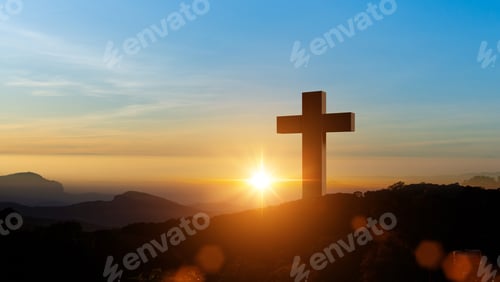 Preview: Silhouettes of Christian cross symbol on top mountain at sunrise sky. Crucifixion Of Jesus Christ.