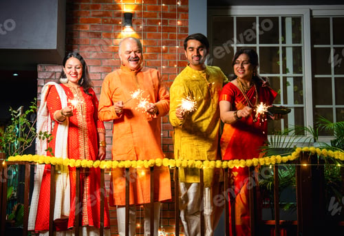 Preview: Enjoying festive sparkles on balcony, joyful Indian family celebrates Diwali in traditional clothing