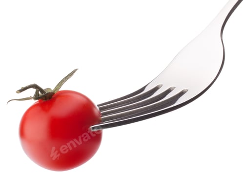 Preview: Cherry tomato on fork isolated on white background cutout. Healthy eating concept.