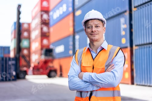 Preview: Portrait of Caucasian engineer worker work in container port terminal.