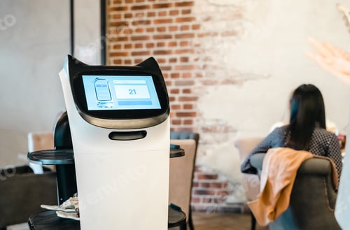 Preview: Robot waiter serve food at modern restaurant table.Offering innovation futuristic high-tech