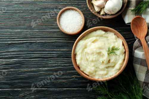 Preview: Concept of tasty eating with mashed potatoes on wooden table