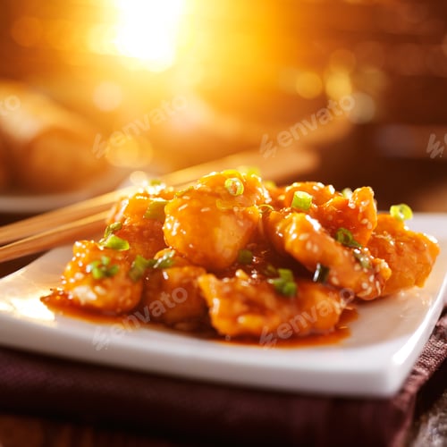 Preview: chinese sesame chicken on plate with chopsticks