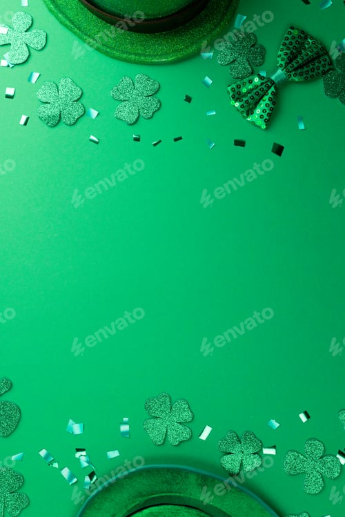 Preview: Image of green hat, clover and copy space on green background