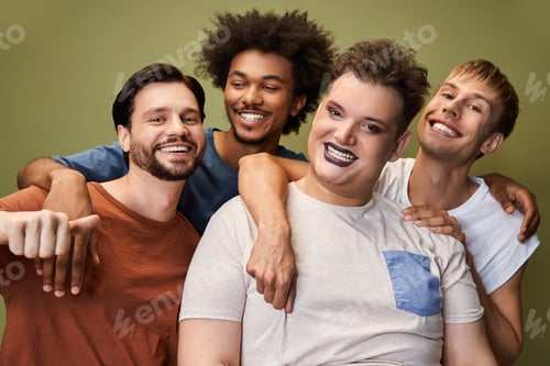 Preview: Four friends sharing joy and laughter in a colorful setting, celebrating diversity and expression