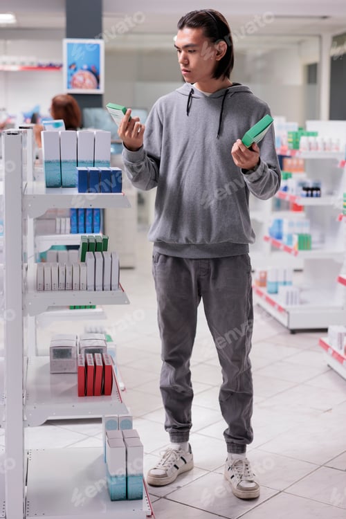 Preview: Male customer reading medicine boxes leaflet