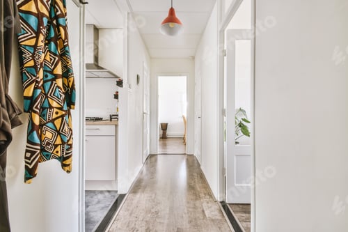 Preview: Narrow corridor with doors and lamp