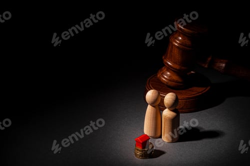 Preview: Divorse property division concept. Wooden family with house and judge gavel