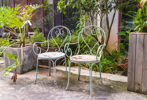 Preview: Old Steel Chairs Standing In A Beautiful Garden At Sunny Day.