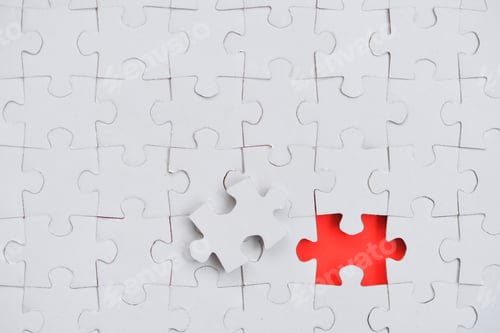 Preview: Blank piece for white jigsaw puzzle on red background - add your design or text copy, mock up