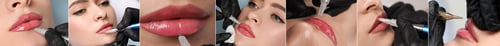 Preview: Collage with photos of women during procedures permanent lip makeup, closeup. Banner design